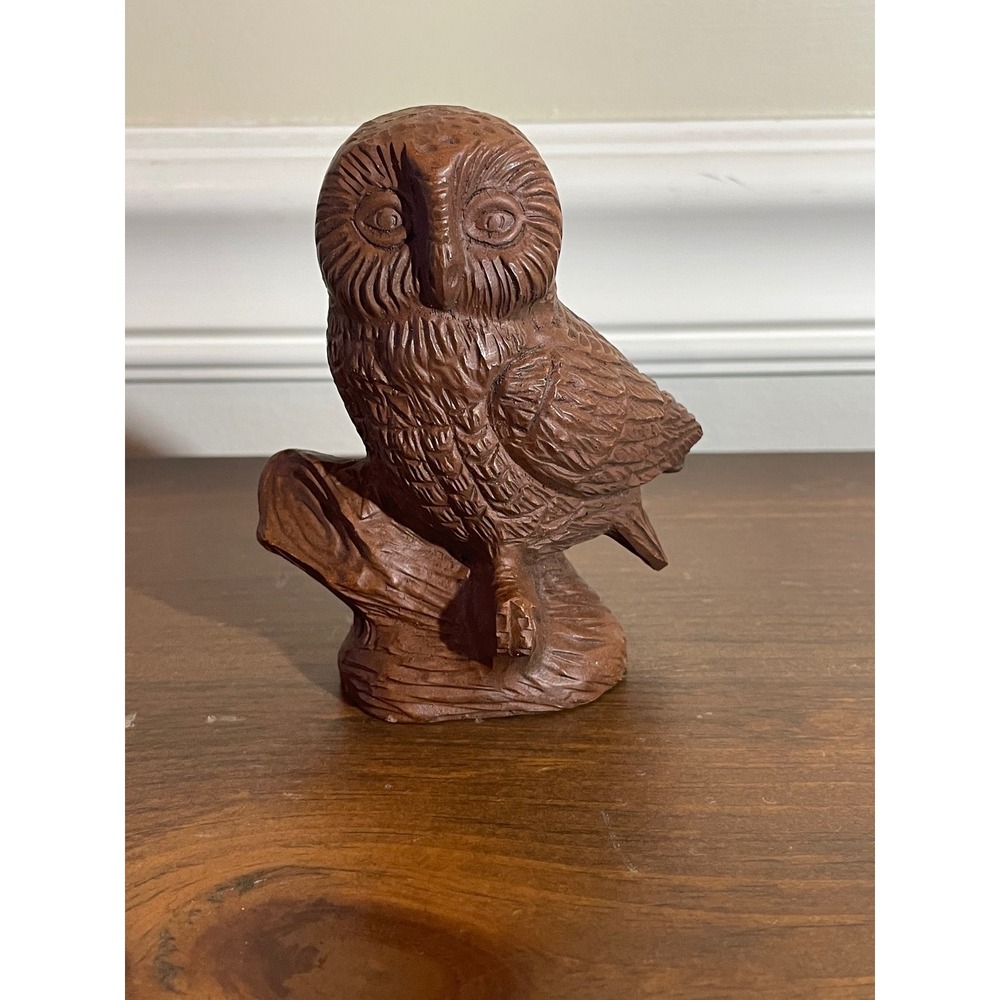Vintage Red Mill Mfg Owl Figurine Hand Crafted Brown Bird Perched on Branch 4in